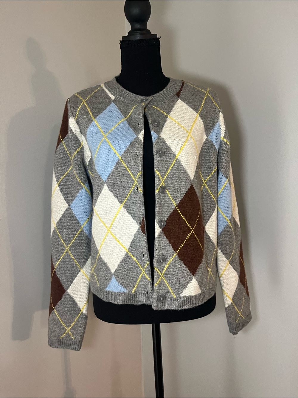 Marled Gray, Brown, Light Blue Argyle Cardigan Sweater